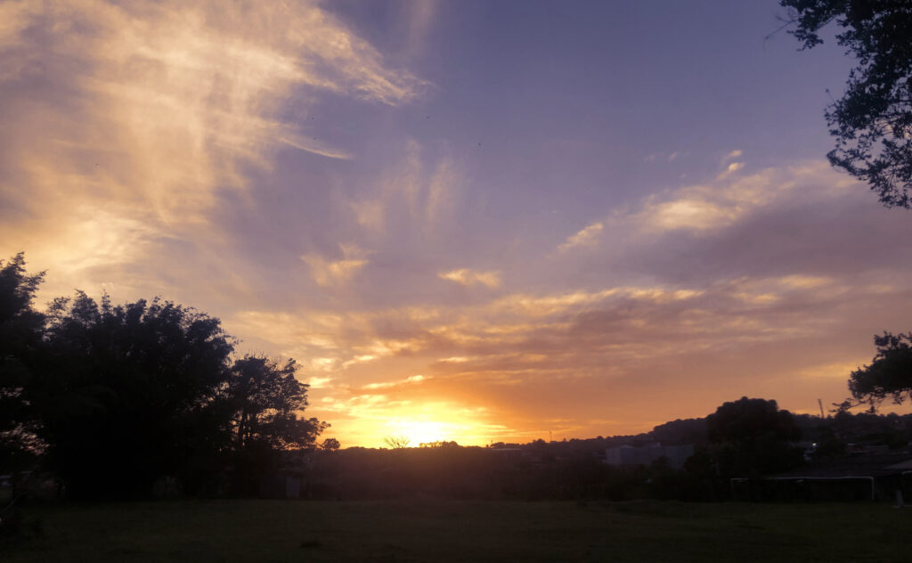 Imagem de um por do sol roxo alaranjado com sombras de vegetação no primeiro plano e ao fundo. mostra um desnível de terreno