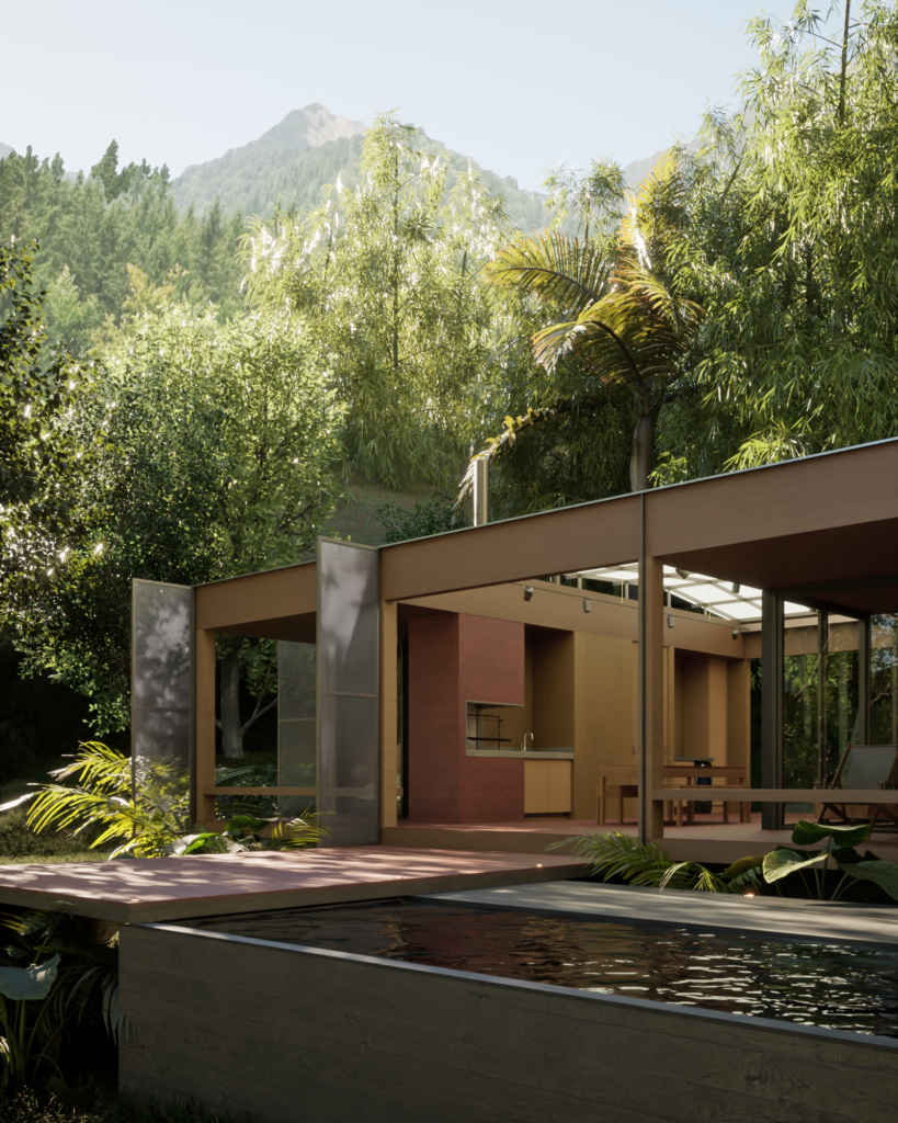 Perspectiva da fachada da casa estruturada em madeira e com revestimentos locais e sustentáveis. No primeiro plano está a piscina em volume de concreto.