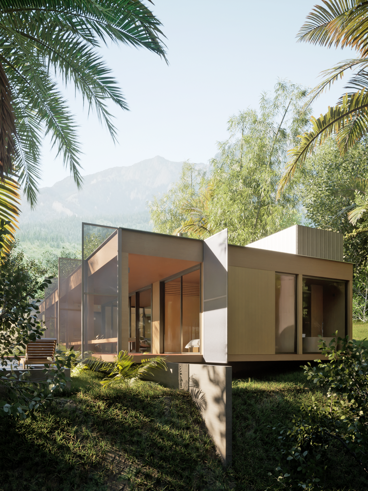 Imagem mostra uma casa com estrutura e revestimento de madeira, com entorno de bastante vegetação