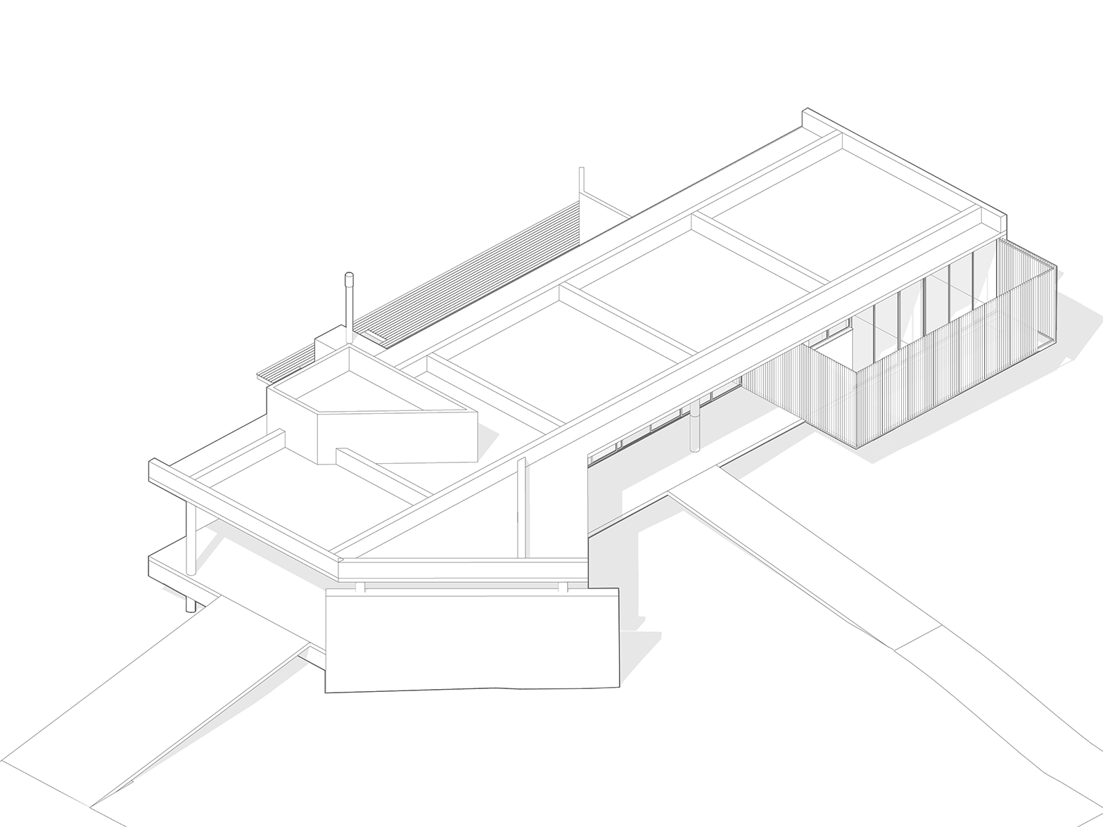 Gif de um projeto de arquitetura, com uma casa em linhas pretas sobre fundo branco. As imagens mostram a casa inteira em um primeiro momento e em seguida, a casa aparece cortada em plano paralelo ao chão, demonstrando como funciona internamente, seu leiaute de planta baixa.