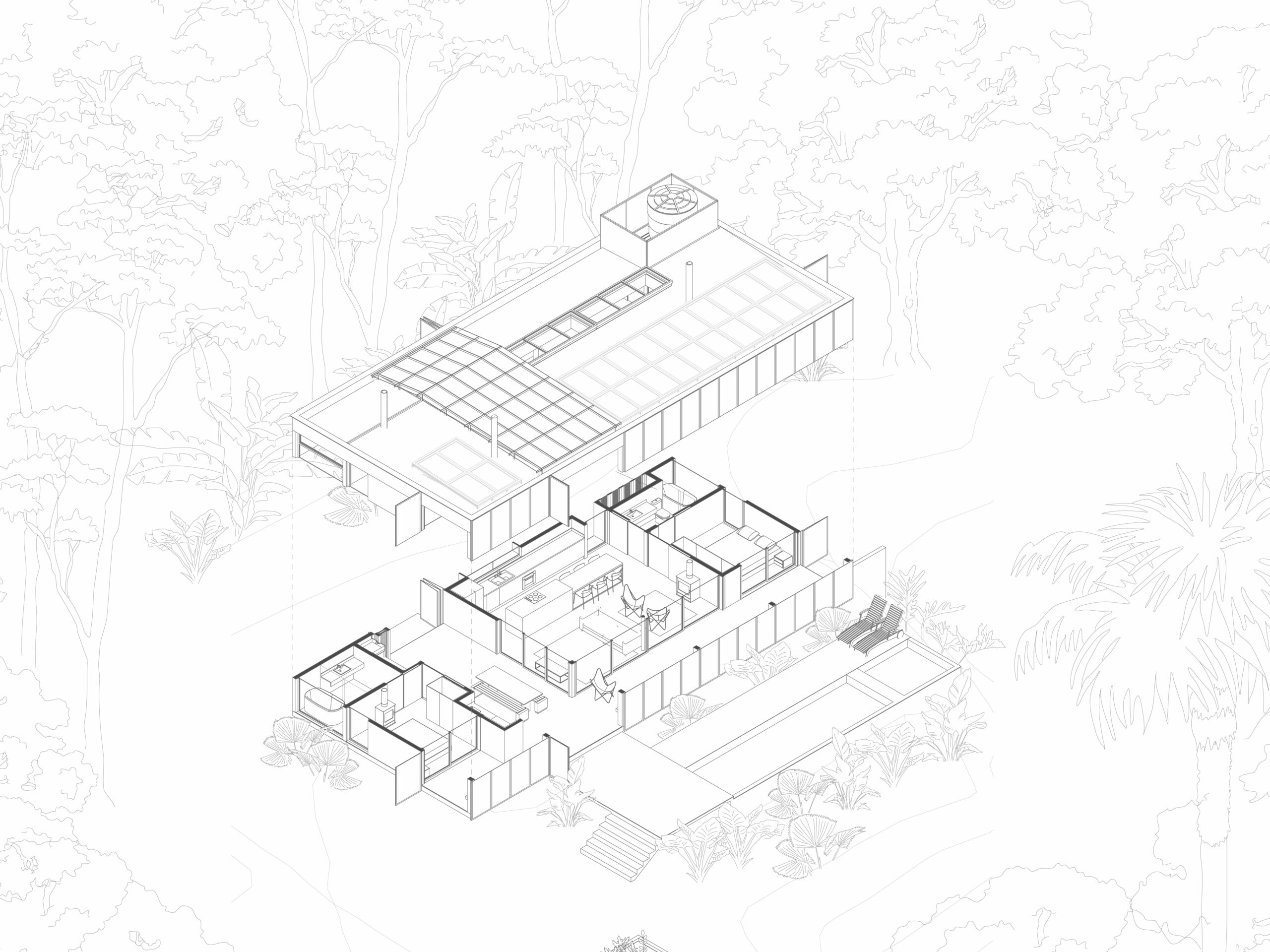 Esquema da planta baixa de layout, desenho em preto e fundo branco. Planta baixa perspectivada, com um corte, separando o piso do telhado. A planta é o resultado de um programa de necessidades bem definido