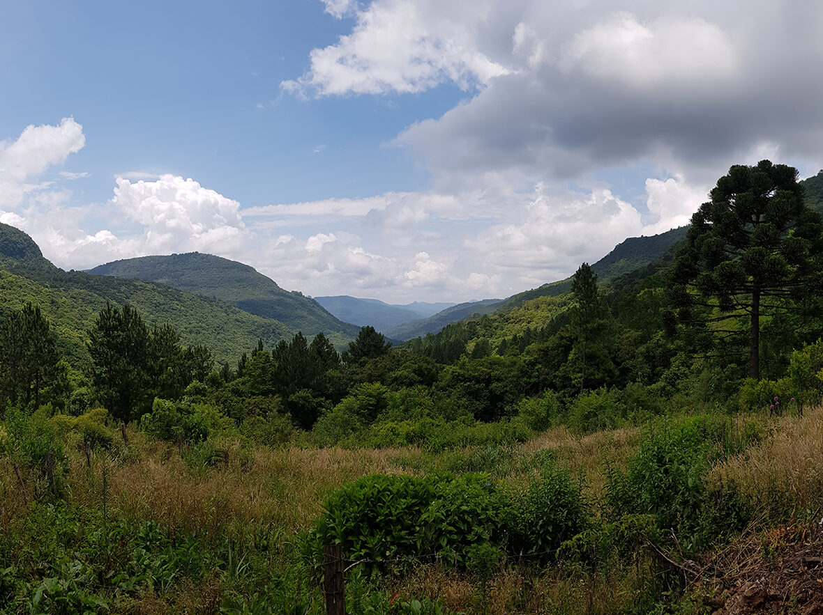 imagem de uma paisagem turística verde, com muita vegetação e que vai longe no horizonte marcado por relevos de diferentes alturas