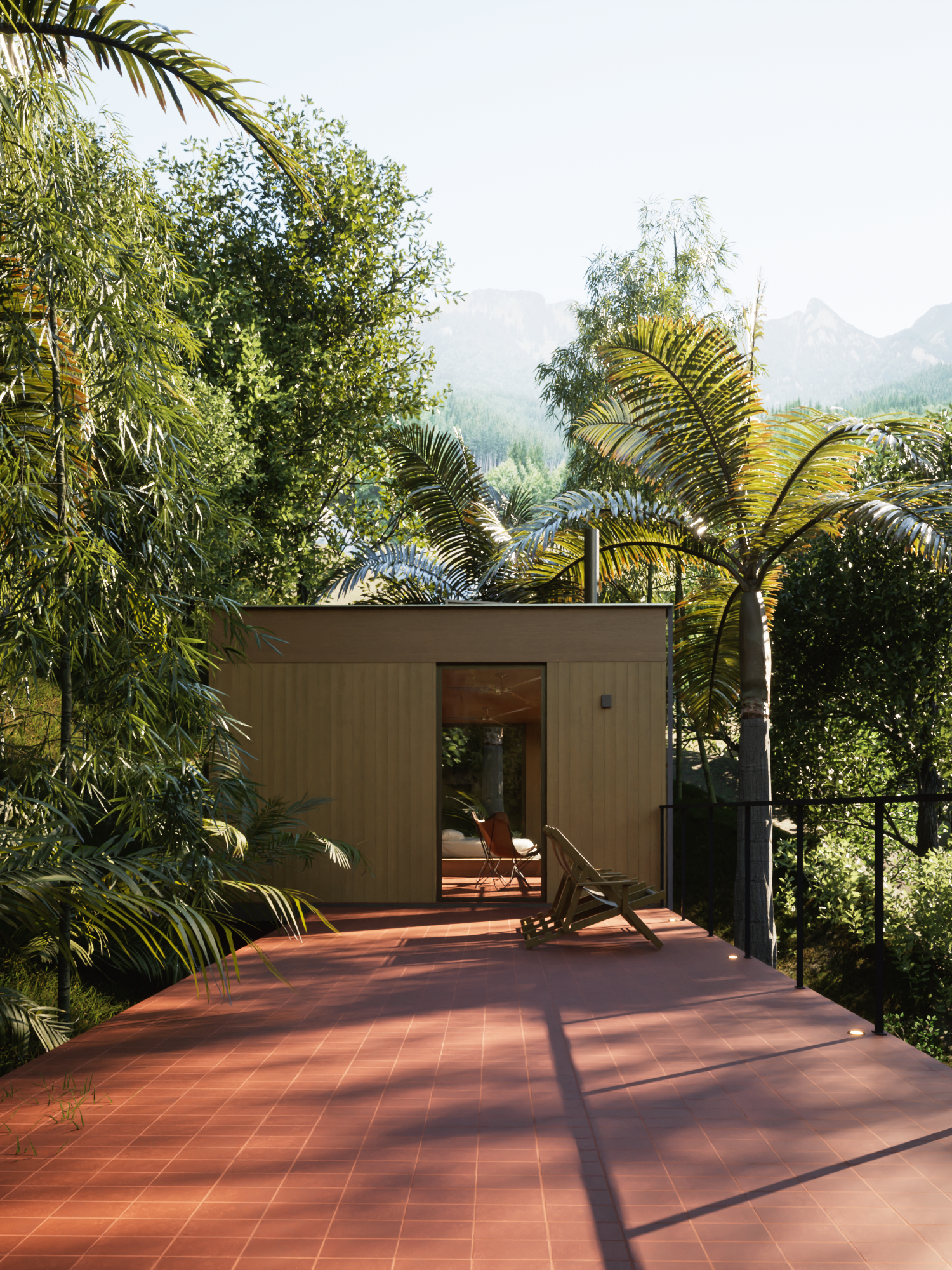 Imagem de uma casa em materiais naturais como principal a madeira e um terraço, ocupando grande área da parte inferior da imagem, em azulejo de barro vermelho, com duas cadeiras de descanso externa; bastante vegetação ao fundo e laterais